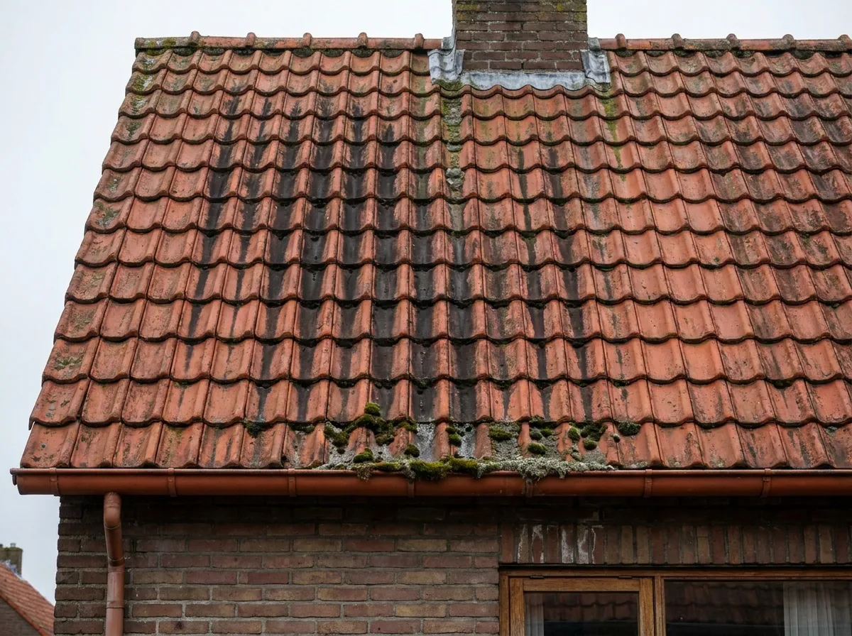 Groen en zwart uitgeslagen pannendak vol mos en aanslag