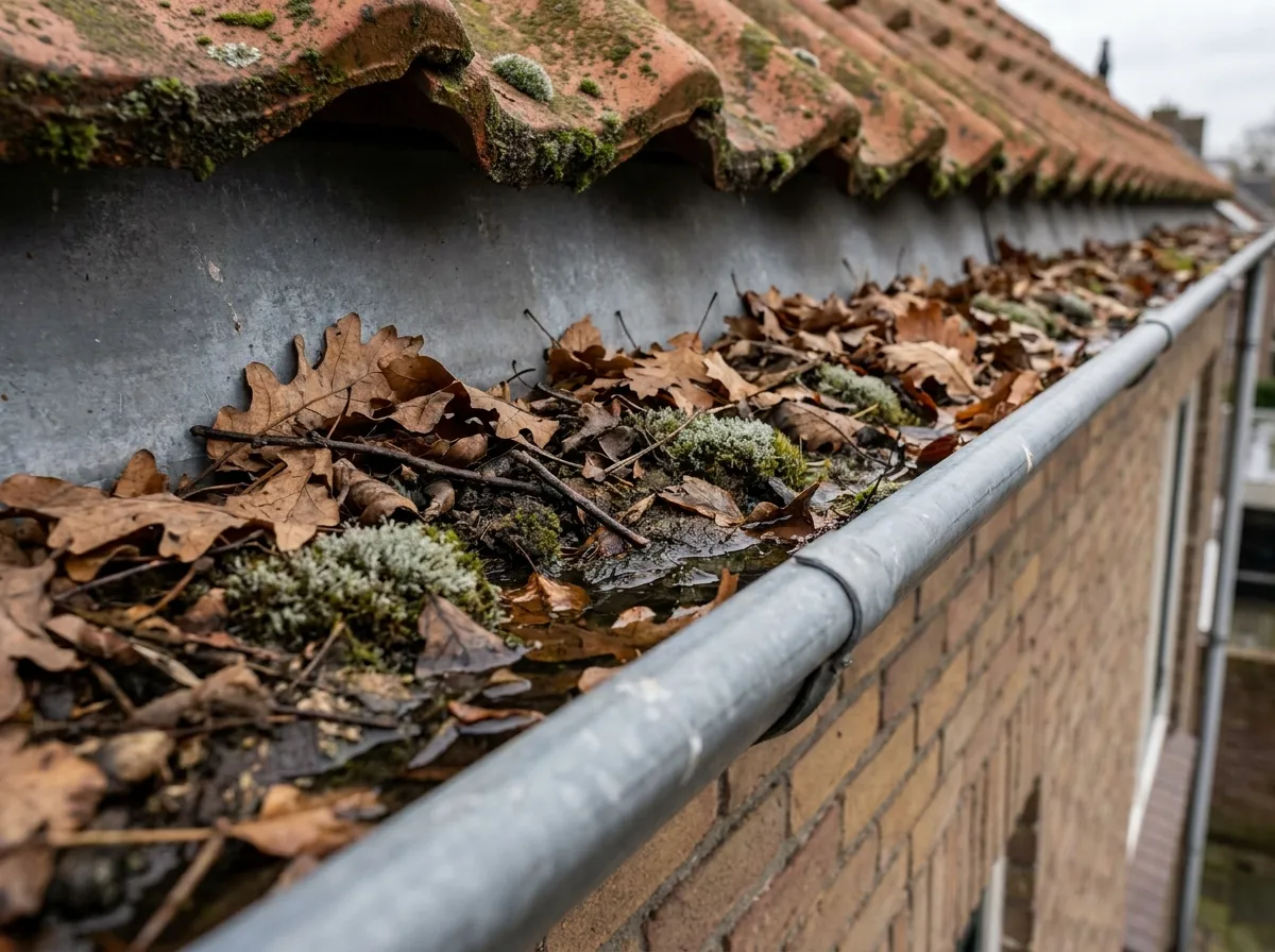 Verstopte dakgoot vol bladafval en mosaanslag