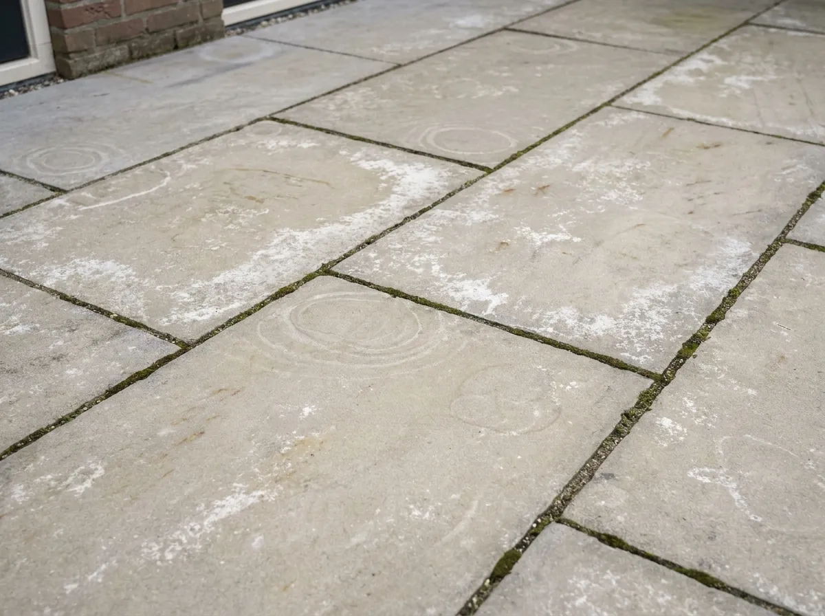 Dof uitgebleekt natuursteen terras dat zijn kleur verloren heeft